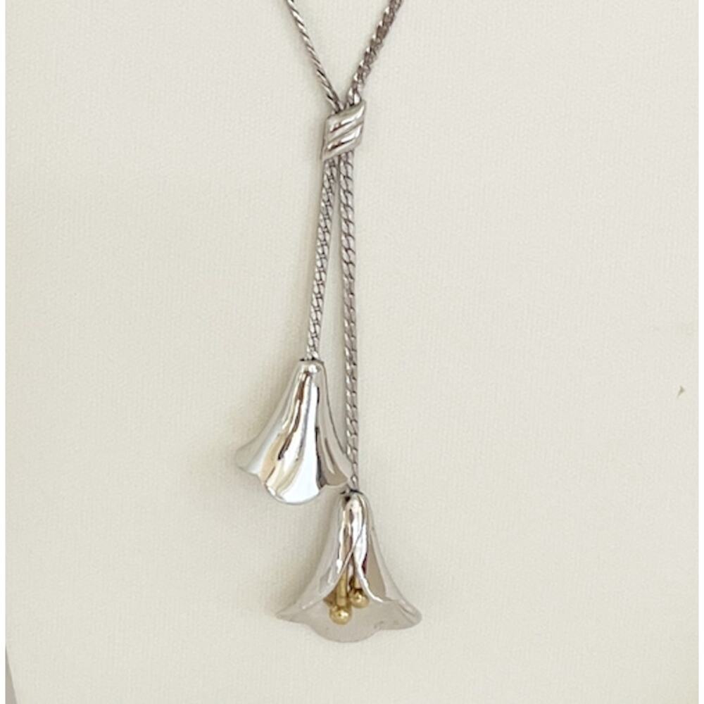 AVON Calla Lilly Silver Tone Lariat Style Womens Fashion Necklace Vintage - Picture 4 of 9